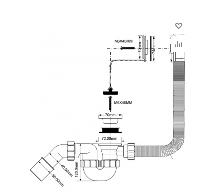 Слив-перелив McAlpine L368хD34 мм нерж. реш. пробкой и цепочкой выход D=40/50 мм