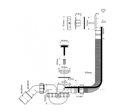Слив-перелив McAlpine с автопереливом L575х34 мм нерж.70 мм слив. пробкой выход D=40/50 мм хром