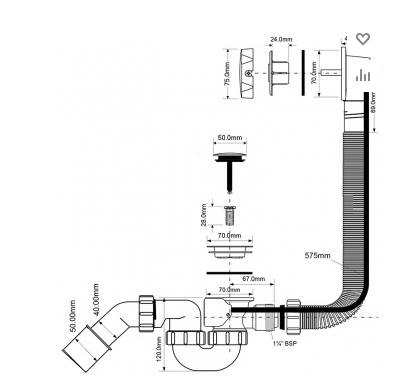Слив-перелив McAlpine с автопереливом L575х34 мм 70 мм слив. пробкой выход D=40/50 мм хром